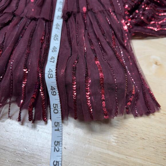 Mac Duggal NWT Red Long Sleeve Ruffle Detail Sequin Midi Dress Size 4 High Neck - Picture 10 of 10
